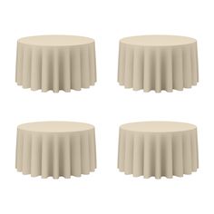 four round tables with white tablecloths on them, set against a white background