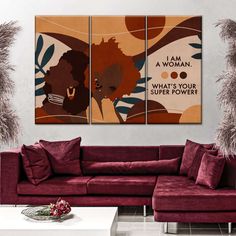 a living room with two couches and paintings on the wall