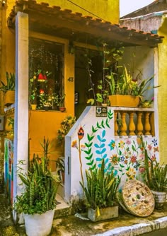 a house with potted plants on the outside