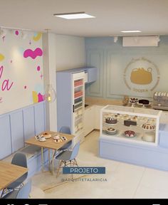 the interior of a pastry shop with blue walls and white floors, decorated in pastel colors