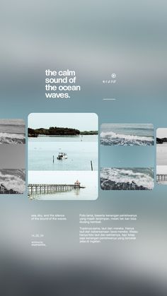 an advertisement for the calm sound of san diego waves, with images of boats and piers