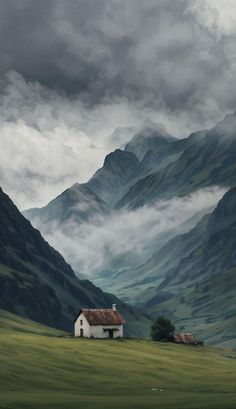 a painting of a house in the middle of a field with mountains in the background