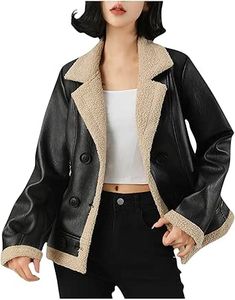 augper Women Faux Leather Jacket Cropped Black Moto Jacket Thicken Fleece Lined Parka Winter Shearling Fluffy Coat Leather Jacket Cropped, Black Moto Jacket, Fluffy Coat, Faux Leather Jacket, Faux Leather Jackets, Parka