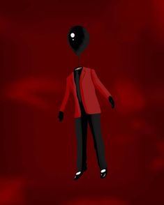 an alien in a red jacket and black pants is standing on a red surface with his head turned to the side