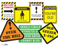 various warning signs and stickers on a white background