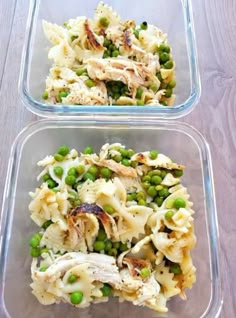 two plastic containers filled with pasta and peas