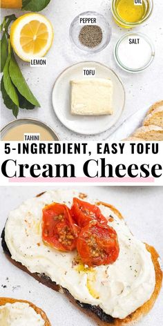 the ingredients for an easy tofu cream cheese sandwich are shown in three different pictures