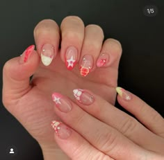 Cute Acrylic Nails Flowers, Nails With Different Designs On Each, Cute Funky Nails Summer, Europe Trip Nails, Artsy Nails Designs, Italian Nails Trends, Different Design On Each Nail, Detailed Nails