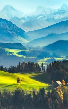 the mountains are covered with green grass and trees in the foreground is a house