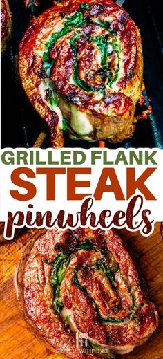 grilled steak and spinach on the grill with text overlay