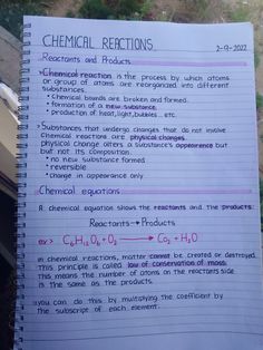 a notebook with chemical reactions written on it