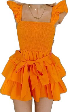 Mini Dress With Ruffles In Tiered Design, Ruffled Tiered Mini Dress In Solid Color, Orange Ruffled Sundress, Orange Sundress With Ruffles, Orange Ruched Summer Mini Dress, Summer Orange Ruched Mini Dress, Tiered Ruffle Dress For Summer, Solid Tiered Ruffle Dress For Summer, Orange Ruffle Mini Dress