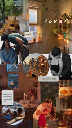 the collage shows people in their home and around them are pictures with words that say love