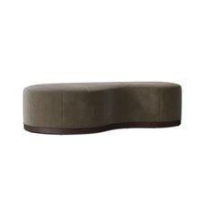 a grey ottoman with brown trim on the top and bottom, in front of a white background