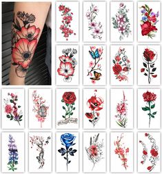 many different flowers and leaves tattoo designs