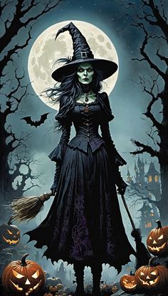 a woman dressed as a witch standing in front of a full moon