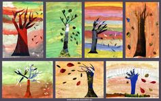 four different paintings of trees with leaves and branches on them, each painted in different colors