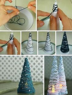 there are many different types of christmas trees made out of plastic cups and yarns