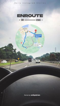 the inside view of a car driving down a road with trees in the background and an info sheet on the windshield