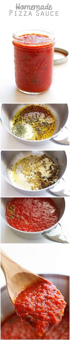 four different types of sauces are shown in the same pan, and one is being spooned out