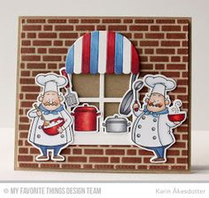 a card with two cartoon chefs cooking in front of a brick wall, and the words my favorite things design team written on it