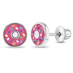 This beautiful pair of donut earrings are a timeless and elegant addition to your young girl's fun and fashionable jewelry collection. Crafted in 925 sterling silver which is suitable for those with sensitive ears, they are secured with safety and secured screw backs for children. These donut earrings feature bright and colorful enamel colors for a more fashionable look. Buy a pair for someone special in your life and this pair of earrings will be cherished for a long time. A complimentary gift Donut Earrings, Colorful Donuts, Sprinkle Donut, Dance Gifts, Thread Earrings, Kids Earrings, Fashionable Jewelry, Pink Enamel, Childrens Jewelry