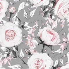 a floral wallpaper with pink and white flowers on a gray background that looks like watercolor