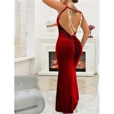 -Item Id 26960813 -Details: Backless, Knot, Ruched -Neckline: Spaghetti Strap -Style: Sexy -Type: Cami -Waist Line: Natural -Hem Shaped: Mermaid -Color: Burgundy -Pattern Type: Plain -Sleeve Length: Sleeveless -Fit Type: Slim Fit -Length: Long -Material: Flannelette -Composition: 92% Polyester, 8% Elastane -Care Instructions: Hand Wash,Do Not Dry Clean -Sheer: No -Fabric: Medium Stretch **Open To Offers!!!** **Bundle To Save More** **30% Off Bundles Of 2 Or More Items!!** ***Orders Go Out Within Red Backless Dress For Dinner, Sleeveless Maxi Dress For Date Night Holiday, Sleeveless Maxi Dress For Holiday Date Night, Sleeveless Holiday Maxi Dress For Date Night, Glamorous Backless Dinner Dress, Backless Dress For Date Night And Holiday, Elegant Backless V-neck Dress With Ruffles, Elegant Backless Bodycon Dress For Holidays, V-neck Backless Dinner Dress