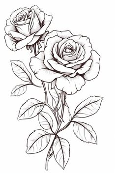 two roses with leaves on the stems are drawn in black and white, as well as an