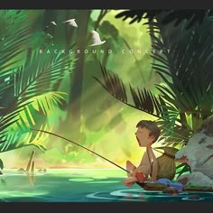 a boy sitting in the water with a fishing rod on his lap and birds flying above him