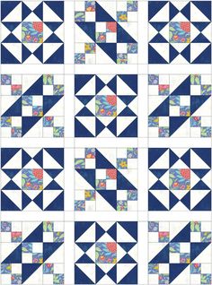 several blocks of blue and white quilts