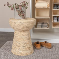 a pair of slippers sitting on top of a rug next to a shoe rack