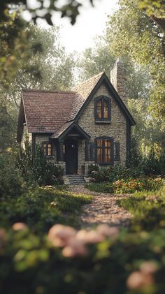 a house in the woods with lots of trees and flowers on it's side