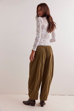 Cool in corduroy, these pull-on pants will be your go-to from this season to the next. **Fit:** Mid-rise, tapered barrel silhouette **Features:** Pull-on design, dropped pouch pockets, textured corduroy fabrication, ankle-length inseam **Why We ❤ It:** Beachy with simple sandals or toughened-up with moto boots, this pair has endless ways to wear. | High Road Pull-On Barrel Cord Pants by Free People in Green, Size: S Barrel Pants, Cord Pants, Simple Sandals, High Road, Cords Pants, Indie Rock, Virtual Closet, Moto Boots, Pull On Pants