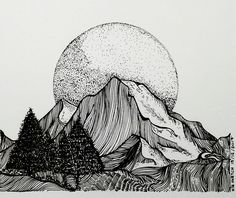 a black and white drawing of mountains with trees in the foreground under a full moon