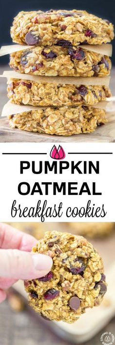 pumpkin oatmeal breakfast cookies stacked on top of each other with text overlay