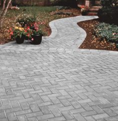 a brick walkway with potted plants on each side and a house in the background