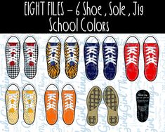 eight pairs of shoes with different colors and patterns on the bottom, one is red, white