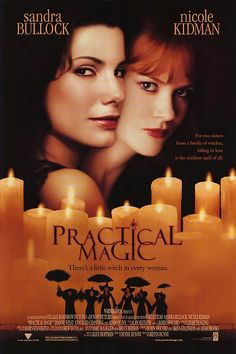 a movie poster for practical magic with two women in front of candles and one man holding an umbrella