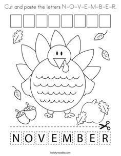 a thanksgiving themed worksheet with the words november and an image of a turkey