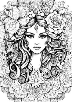 a beautiful woman with flowers in her hair, surrounded by swirls and curls on the head