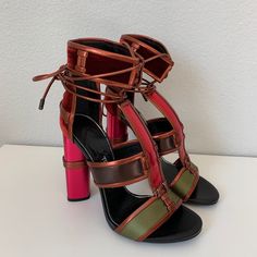 Tom Ford Patchwork Cage Sandals Runway Heels In Metallic Leather And Velvet With Woven Leather Trim. Heel Height Approximately 4.5” Lace-Up Ankle Cuff. Made In Italy. Size 37 Brand-New, With Box And Dust Bags. Chic Pink Lace-up Sandals For Evening, Designer Pink Sandals With Wrapped Heel, Designer Open Toe Lace-up Sandals For Party, Designer Lace-up Open Toe Sandals For Party, Designer Leather Lace-up Sandals For Party, Designer Lace-up Sandals For Summer Party, Runway Heels, Mini Outfits, Preppy Luxury