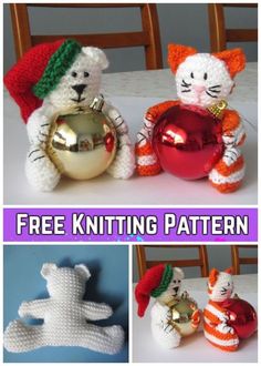 crocheted cats and kittens sitting next to each other with christmas ornaments on them