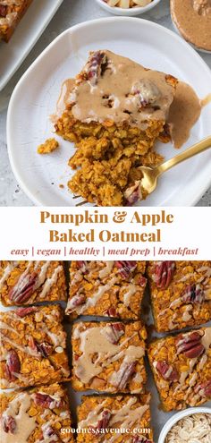 Sliced up baked oatmeal. Vegan Pumpkin Apple Baked Oatmeal, Pumpkin Oatmeal Recipes Breakfast, Apple Pumpkin Oatmeal, Fall Oatmeal Bake, Pumpkin Oatmeal Dessert, Vegan Pumpkin Oatmeal Bake, Apple Pumpkin Oatmeal Bake, Healthy Baked Pumpkin Oatmeal, Healthy Pumpkin Oatmeal Recipes