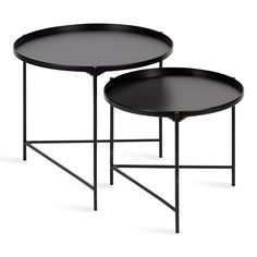 two black trays with metal legs on each side, one is holding a small round table