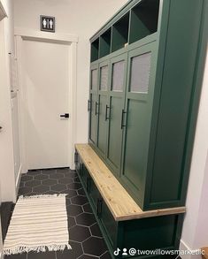 an entryway with green cabinets and rugs on the floor in front of it