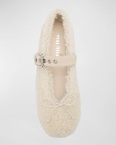 Miu Miu dyed shearling (Italy) ballerina flats with suede trim and bow accent    0.17 in / 5 mm flat heel    Round toe    Mary Jane buckle strap    Rubber outsole    Made in Italy Kd Shoes, Fancy Heels, Early Fall Outfit, Bow Shoes, Miu Miu Ballet Flats