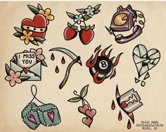 an old school tattoo flash sheet with lots of different tattoos on it's side