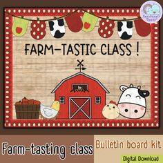 a sign that says farm - tasting class with an image of a barn and chickens