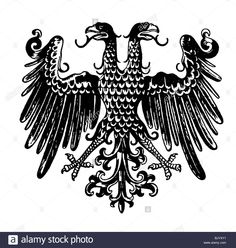 a black and white drawing of an eagle with two headed birds on it's wings